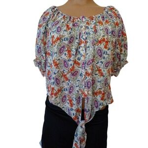 Body Central paisley sheer peasant top blouse Medium cream orange pink tie front